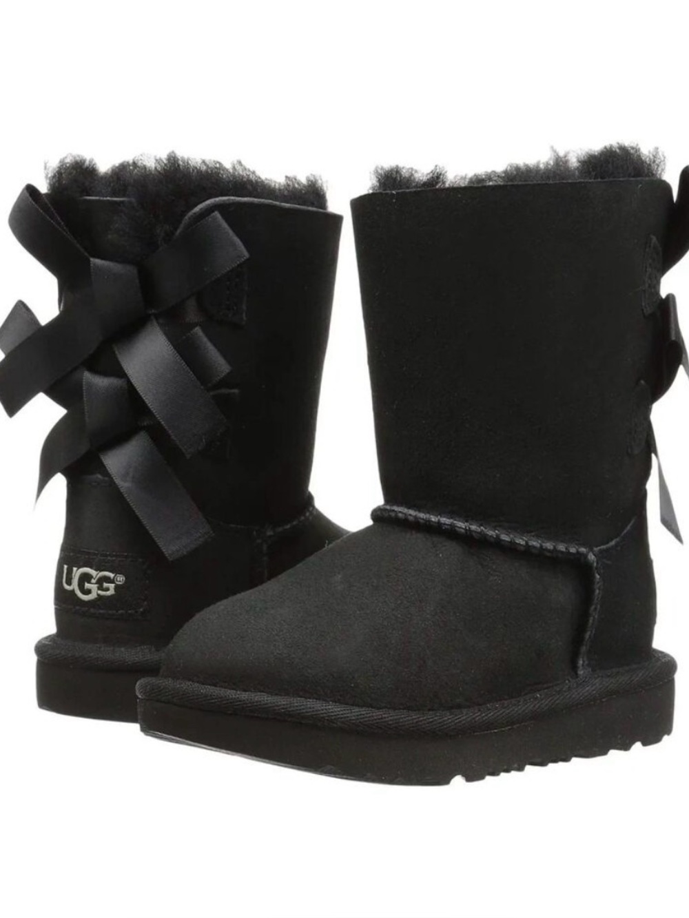 Uggs Kids Bailey Bow II Black Suede Ribbon Boots - Size 2 NEW